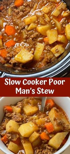 slow cooker pork man's stew with potatoes and carrots in the crock pot