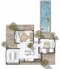 an overhead view of a floor plan for a house with swimming pool and outdoor furniture