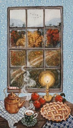 a painting of an open window with apples and pie on the table next to it