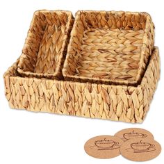 two wicker trays with coasters next to each other