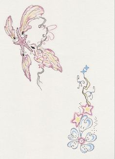 a drawing of a flower and a butterfly on a white paper with blue, pink, yellow and purple colors