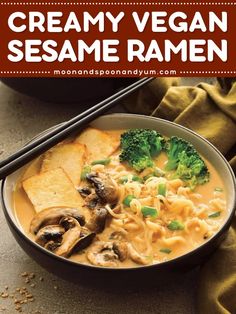 Craving the best comfort food recipe? Try this Creamy Vegan Sesame Ramen! A warm dinner idea with Japanese flavors, featuring plain tofu, button mushrooms, broccoli florets, and ramen noodles. It’s gluten free, vegan, and vegetarian. Try it now and enjoy! Frugal Vegan, Sesame Ramen, Vegan Ramen Recipes, Vegan Noodles Recipes, Vegan Noodles, Ramen Recipe, Vegan Ramen, Ramen Recipes, Vegan Soup