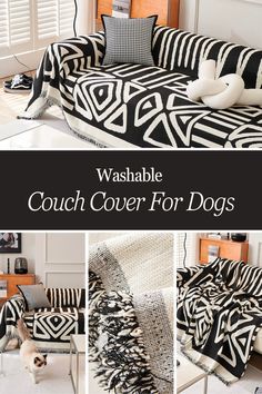 a couch covered in black and white patterns with the words washable couch cover for dogs