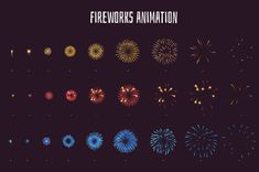 fireworks are lit up in the dark sky with words that read fireworks animation on it