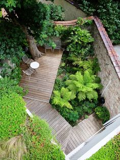 an aerial view of a wooden deck surrounded by greenery