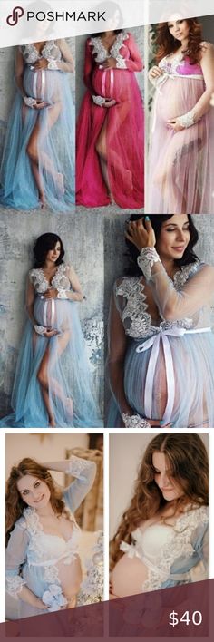 Maternity Photoshoot Lace on Mesh Gown Robe Perfect gown for maternity boudoir photoshoot White lace on mesh Colors: Light Blue, Light Pink, or Cherry Pink Long sleeves V-neck Elastic underbust / waist Very long One size, very roomy Stretchy White satin tie belt 60"  Tags motherhood pregnant expecting sexy romantic lingerie model photo Rouge! Intimates & Sleepwear Blue Long Sleeve Maternity Dress For Wedding, Sheer Blue Sleep Dresses, Blue Sheer Sleep Dresses, Light Blue Dress For Wedding Night, Blue Maternity Dress For Spring Wedding, Spring Blue Maternity Dress For Wedding, Spring Wedding Maternity Dress In Blue, Spring Wedding Blue Maternity Dress, Pink Maternity Photoshoot