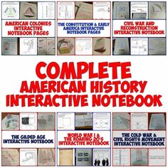 the complete american history interactive notebook is shown in red and white, with instructions for writing