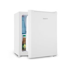 a white refrigerator with its door open and some drinks in the freezer inside it