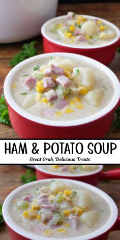 A double photo collage of ham and potato soup in red bowls.