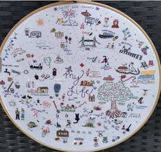 a white plate with many different embroidered designs on the front and back of it, along with words written in cursive writing