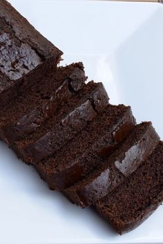 slices of chocolate cake on a white plate