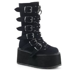 Demonia Damned-225 Black Velvet 3 1/2" (90mm) Platform Lace-Up Front Mid-Calf Boot Featuring 6 Cone-Studded Buckle Straps Inner Side Metal Zip Closure Dam225/Bvel Free Shipping + Brand New In Box Perfect For A Festival Outfit, Rave Wear, Punk Fashion, With Alternative Punk Clothes, Hot Topic Fashion, Lovers Of Dolls Kill Boots And More #Nwt #Summer #Emo #Rock #Spooky Boots Shoes Women, Galaxy Converse, Galaxy Vans, Cool Autumn, Goth Shoes, Goth Boots, Gothic Boots, Demonia Shoes, Women Footwear