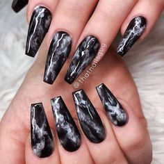 Black Nails With Marble Accent, Marble Black And White Nails, Black And White Marble Nail Designs, Dark Valentines Nails, Black And White Marble Nails, Marble Nails Acrylic, Lv Nails, Black Marble Nails, Black Acrylic Nail Designs