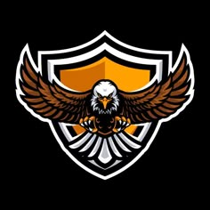 an eagle with wings and shield on a black background, logo for a sport team