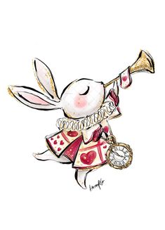 a drawing of a rabbit holding a clock and wearing a pink dress with gold trims