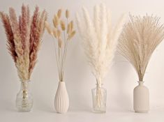 three vases filled with different types of flowers and plants in them on a white surface