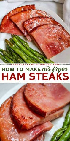 Want more entree ideas for your feast? Learn  How to Make Air Fryer Ham Steaks! They're a simple holiday recipe. Basted with brown sugar, this Christmas dinner recipe for ham slices is delicious. Definitely one of the best Christmas main dishes! Ham Baked Oven, What To Make With Ham Steak, How To Cook Ham Steak, Fresh Ham Steak Recipes, Steaks In The Air Fryer, Ham Dinner Ideas, Baked Ham Recipes, Baked Ham Steak, Easy Ham Recipes