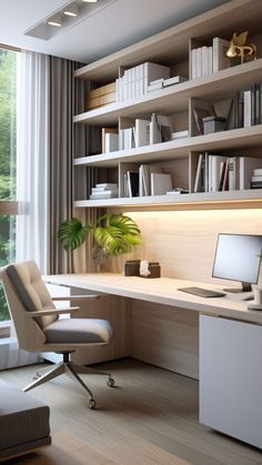 an office with a desk, chair and bookshelf in front of a window