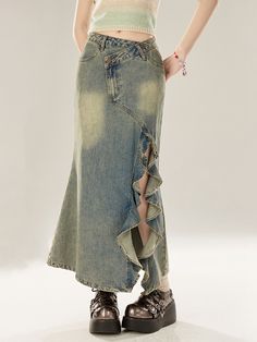 Faded Wash Blue Side Thigh-high Slit Denim Skirt Aesthetic Closet, Korean Fashion Jeans, A Line Denim Skirt, Long Jean Skirt, 2000s Clothes, Body Skirt, Fishtail Skirt, Skirt For Women, Long Jeans