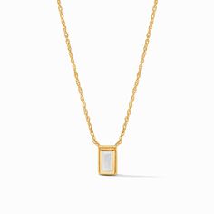 A solitary baguette-cut gemstone in a twisted golden wire setting, held by a delicate rope chain. Julie Vos, Baguette Cut, Delicate Necklace, Rope Chain, Ring Necklace, Wedding Shop, Mother Of Pearl, Necklaces Bracelets, Gemstones