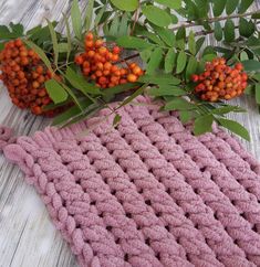 a pink crocheted dishcloth next to some berries