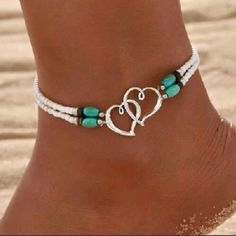 Boho Turquoise Beaded Heart Ankle Bracelet Stretchy Adorable Metal: Zinc Alloy *See Photos For Measurements* New In Package Stretchy Bracelets Diy, Heart Ankle Bracelet, American Makeup, Silver Flower Bracelet, Gold Stretch Bracelet, Mixed Metal Bracelets, Ankle Bracelets Diy, Ankle Brace, Beaded Ankle Bracelets