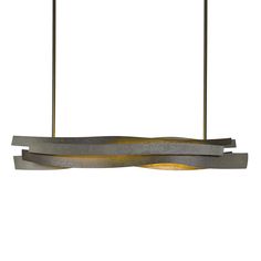 a modern light fixture with three lights hanging from it's sides and an oval design on