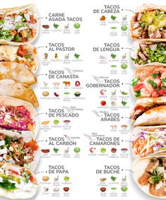 an image of tacos and burritos on a white background with spanish text