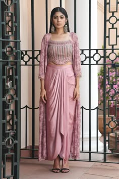 Party Wear Skirt Top, Pastel Pink Jacket, Pastel Pink Skirt, Dhoti Skirt, Indo Western Outfits For Women, Pink Skirt Set, Tassel Jacket