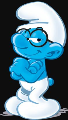 the smurf is sitting down with his arms crossed