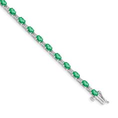 A charming addition to your jewelry collection, this excellent bracelet is designed in 14 karat white gold. Decorated with 5x3mm oval shaped green emerald gemstones weighing 4.62 cttw and natural round diamonds this 7-inch long bracelet is sure to add a dash of element. A box catch closure ensures safety. Metal Weight: 5.83 grams Jewelry Type: Fine Bracelet Style: Gemstone and Diamond Bracelet Jewelry Finish: High Polish Gender: Women's Clasp: Box Catch Metal: Gold Gold Karat: 14 Karat Metal Color: White Dimensions: 7-inch x 4mm Gemstone Details: Type: Emerald Color: Green Shape: Oval Size: 5mm x 3mm Weight: 4.62 cttw Quantity: 22 Jewelry Setting: Prong Diamond Details: Clarity: I2 Color: I-J Shape: Round Size: 0.9mm Weight: 0.088 cttw Quantity: 22 Jewelry Setting: Prong Your item arrives Fine Bracelet, Long Bracelet, Emerald Bracelet, White Gold Bracelet, Gold Models, Bracelet Style, Emerald Color, Popular Jewelry, Diamond Chain