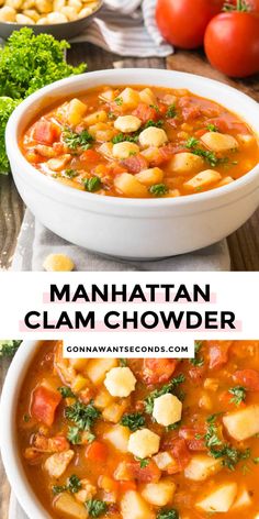 two bowls of manhattan clam chowder with tomatoes and parsley on the side