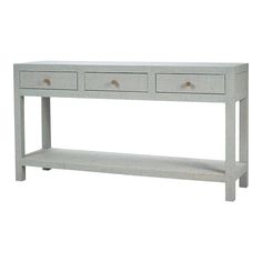 a white console table with two drawers on one side and an open drawer on the other