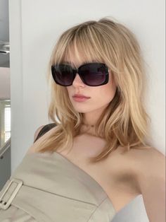 Blonde hair bang haircut wolf cut shag mullet haircut idea Blonde Straight Bangs, Shoulder Length Hair With Bangs Blonde, Blonde Wavy Bob With Bangs, Blonde Bangs Short Hair, Bardot Bangs Medium Hair, Subtle Bangs Short Hair, Dark Blonde Bangs, Dark Blonde Hair With Bangs, Short Blonde Hair Dark Roots