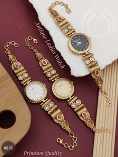 Description :- Round Vintage Gold Women's Watch, Fish Tail Women Watch, Gift For Her, Dainty Vintage Design, Dainty Watch, Gold Watch, Small Face Watch Gift yourself a royal look with this perfectly crafted kundan necklace set from Manalisstudio. Crafted with high quality, it is impressive in design. The green enamel artwork adds perfect texture to the design. Perfect for weddings and festivities, this antique necklace set should be put on with your favorite sari or lehenga. 100% Satisfaction. L Antique Necklace Set, Pretty Watches, Kundan Necklace Set, Royal Look, Antique Watches, Kundan Necklace, Ladies Watches, Bangles Design, Gold Bangles Design