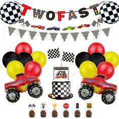 a birthday party with balloons and race cars