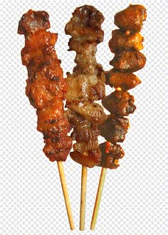 three skewers with meat on them sitting next to each other