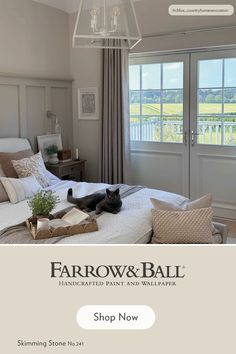 a bed room with a neatly made bed next to a window and a cat laying on top of the bed