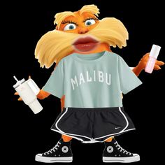 a cartoon character holding a toothbrush and an object in one hand while wearing a t - shirt with the word mallibu on it