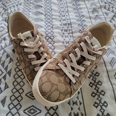 Brand New, Worn Once, Women's Size 8.5 Coach Sneakers. Beige Low-top Fall Sneakers, Beige Low-top Sneakers For Fall, Brown Sneakers With Gum Sole For Spring, Brown Gum Sole Sneakers For Spring, Comfortable Brown Sneakers With Speckled Midsole, Coach Lace-up Sneakers With Cushioned Footbed, Brown Textured Sole Sneakers For Spring, Beige Lace-up Sneakers For Fall, Coach Casual Sneakers With Textured Sole