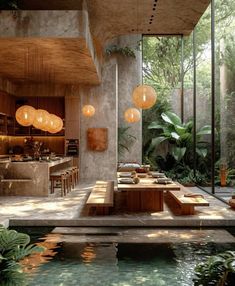 an outdoor dining area next to a pool with lights hanging from it's ceiling