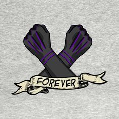 two black gloves with purple stripes and a ribbon around the wrist that says forever on it