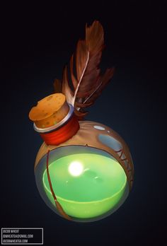 a green light that is sitting on top of a wooden object with feathers hanging from it