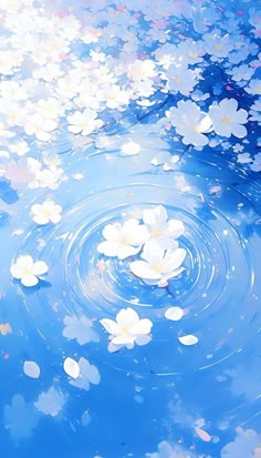 white flowers floating in the water with ripples on it's surface and blue sky