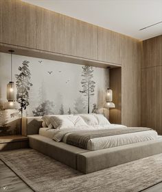 a large bed sitting in the middle of a bedroom next to a wall with trees on it