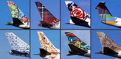 many different types of airplanes are shown in this collage with blue sky behind them