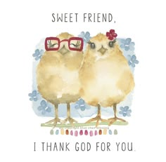 two chickens with glasses on their heads and the words, sweet friend, i thank god for you