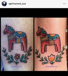 two tattoos that have different designs on them