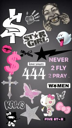 a poster with various stickers on it that say, star girl never fly 2 pray w