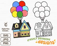 a house with balloons flying over it and the words svg designs on top of it